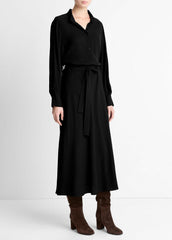 Crepe Collar-Stand Shirt Dress in Dresses - BLACK