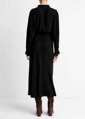 Crepe Collar-Stand Shirt Dress in Dresses - BLACK