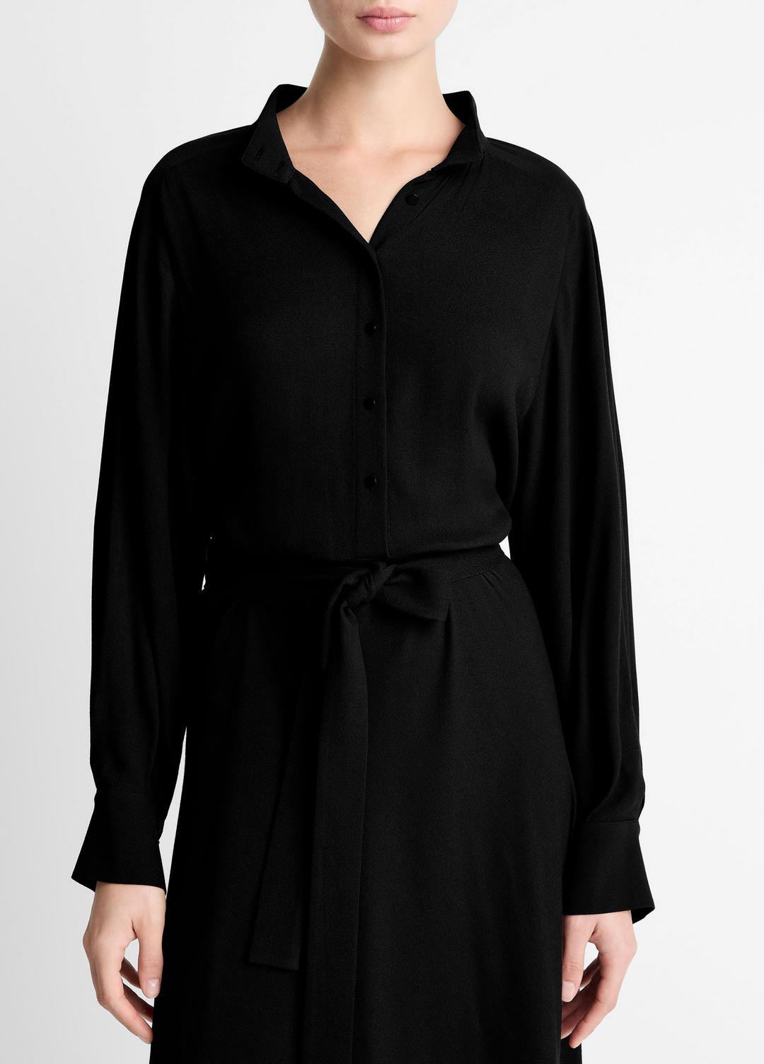 Crepe Collar-Stand Shirt Dress in Dresses - BLACK