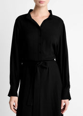 Crepe Collar-Stand Shirt Dress in Dresses - BLACK