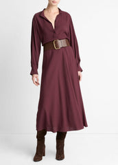 Crepe Collar-Stand Shirt Dress in Dresses - OXBLOOD