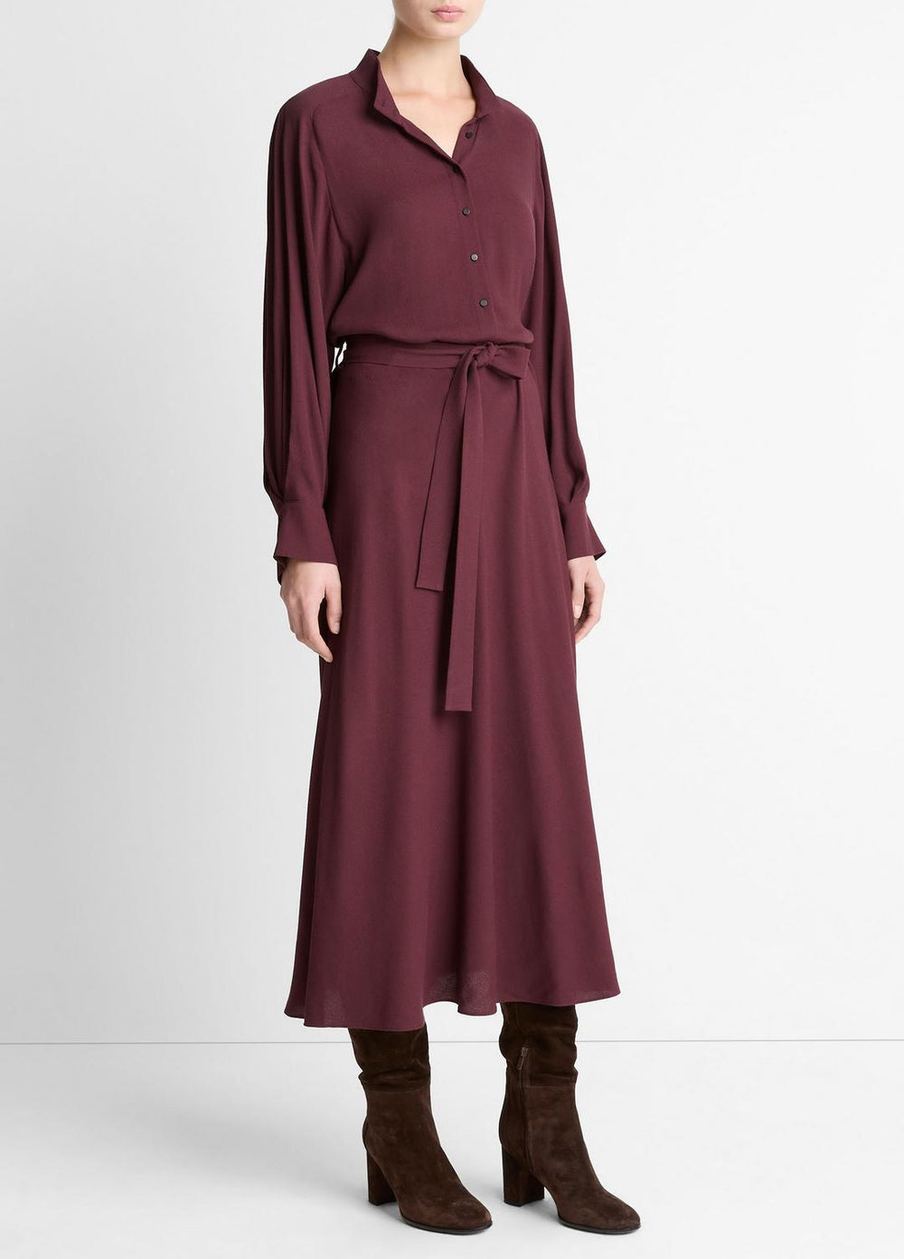 Crepe Collar-Stand Shirt Dress in Dresses - OXBLOOD
