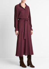Crepe Collar-Stand Shirt Dress in Dresses - OXBLOOD