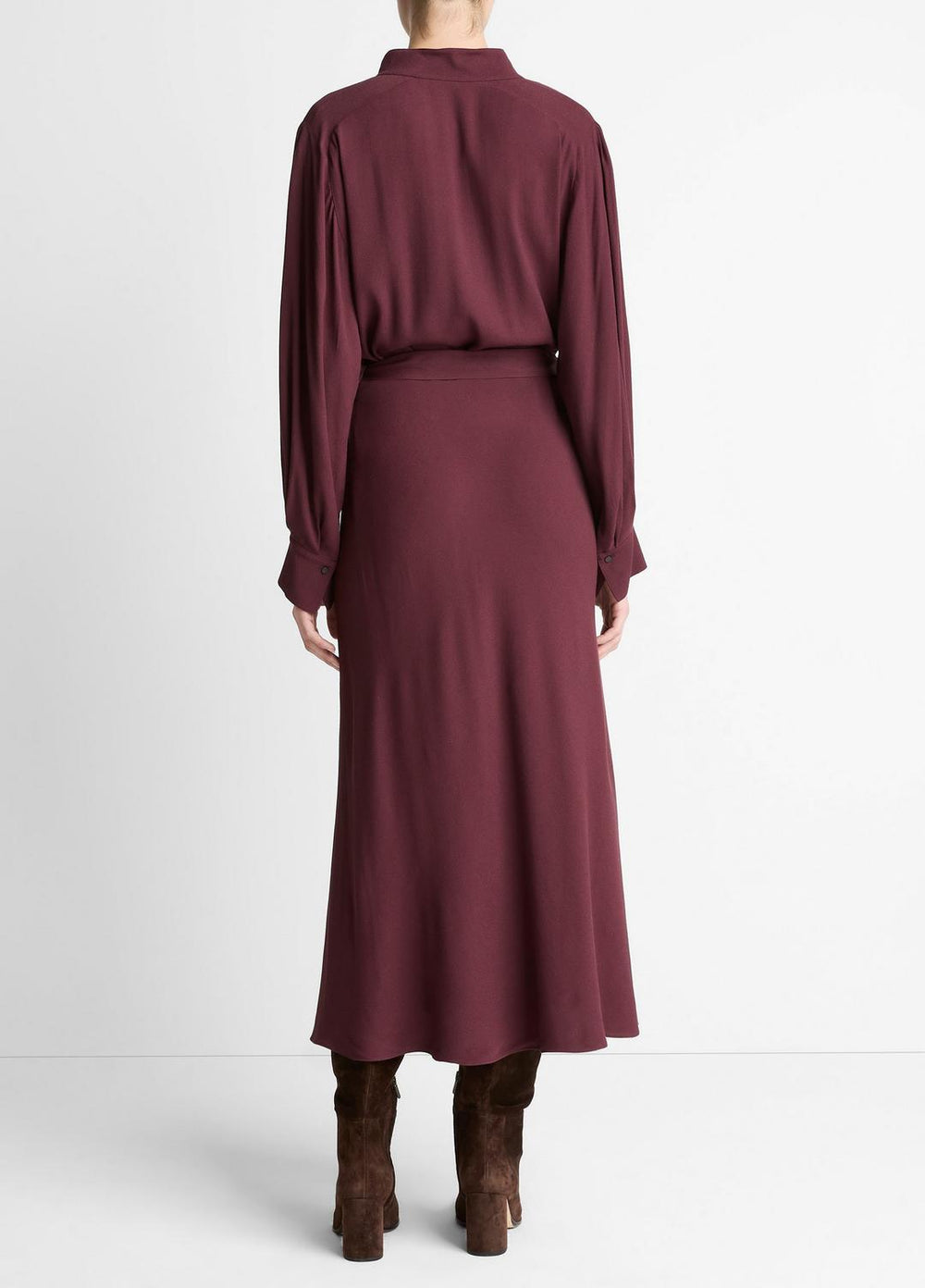 Crepe Collar-Stand Shirt Dress in Dresses - OXBLOOD