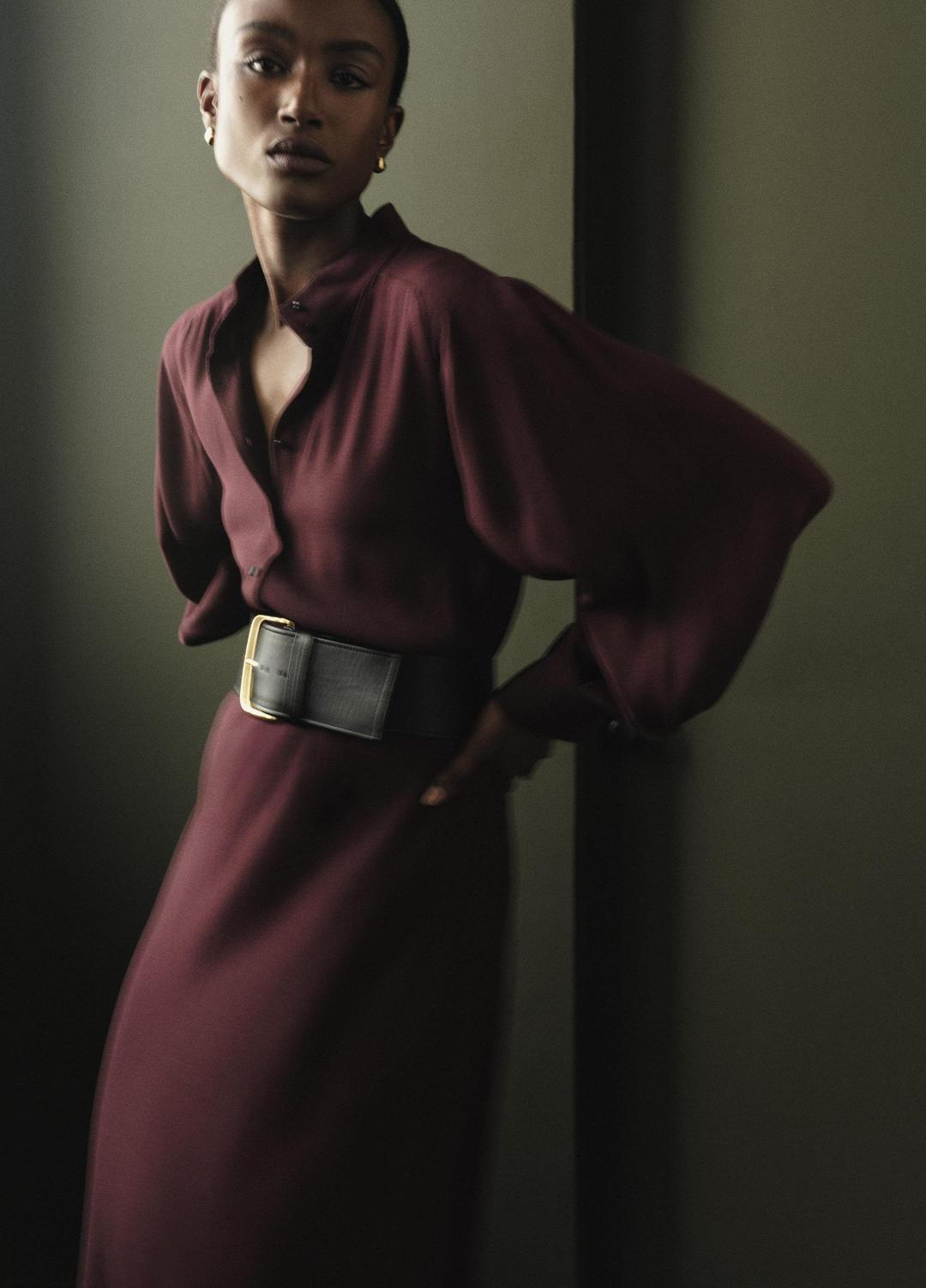 Crepe Collar-Stand Shirt Dress in Dresses - OXBLOOD