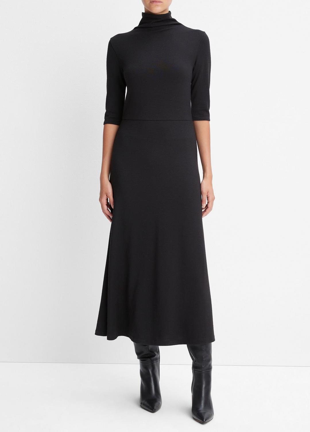 Elbow-Sleeve Turtleneck Dress in Dresses - BLACK