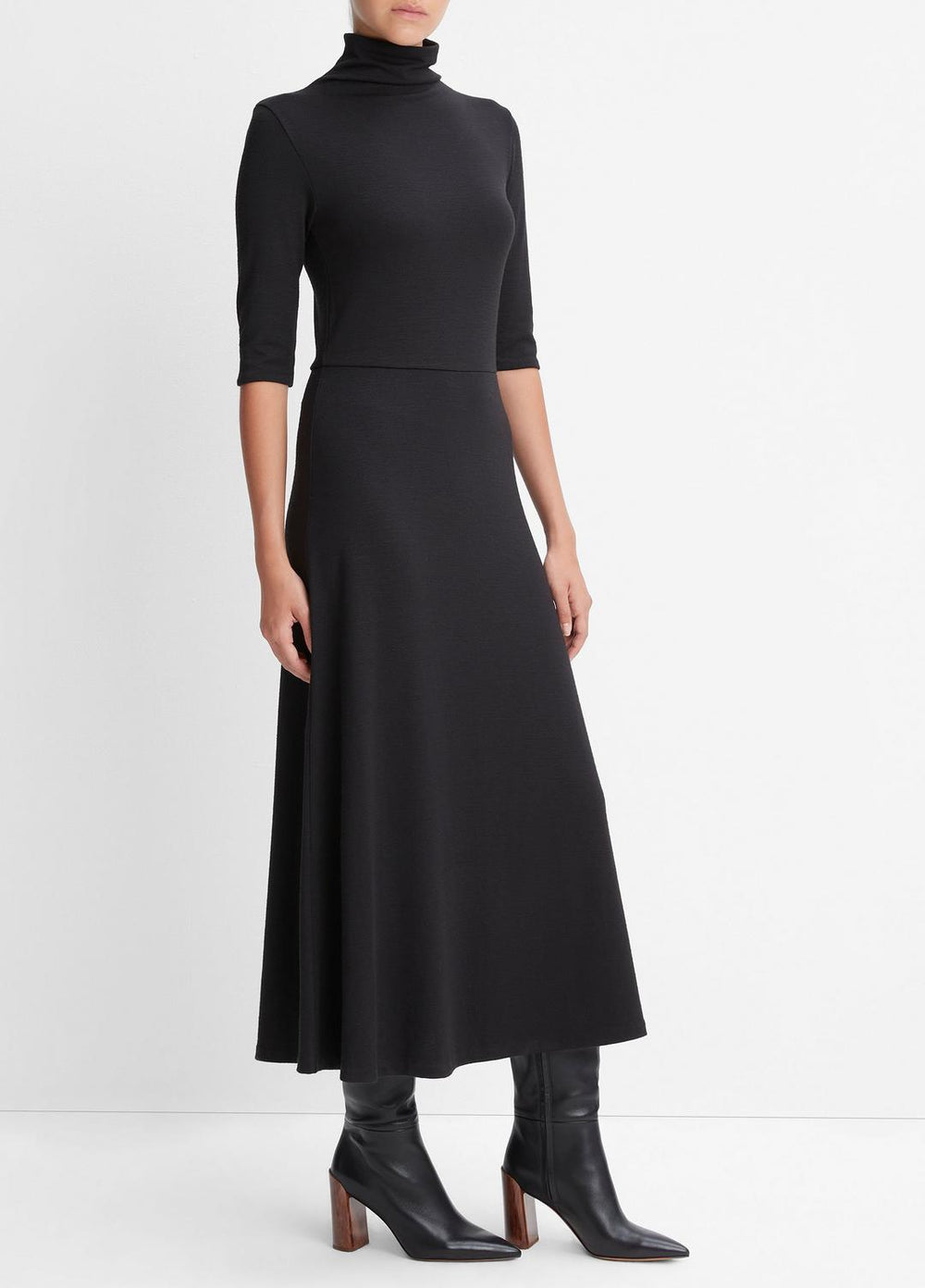Elbow-Sleeve Turtleneck Dress in Dresses - BLACK