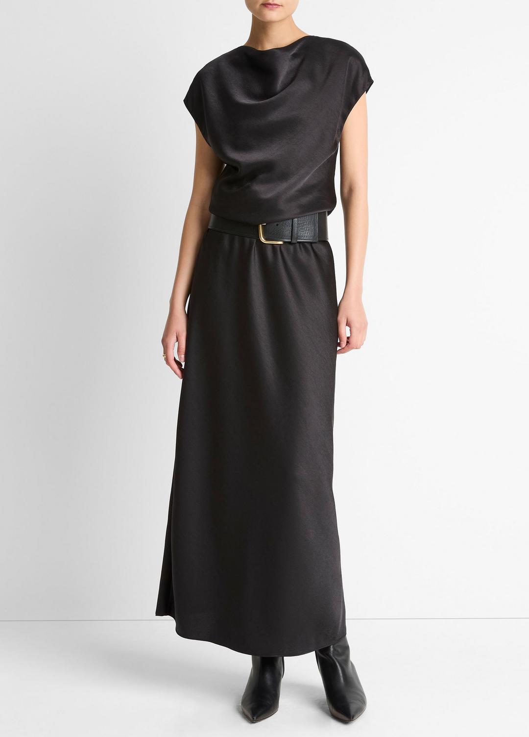 Draped Satin Cowl-Neck Dress in Dresses - BLACK