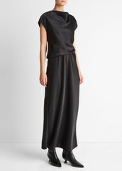 Draped Satin Cowl-Neck Dress in Dresses - BLACK