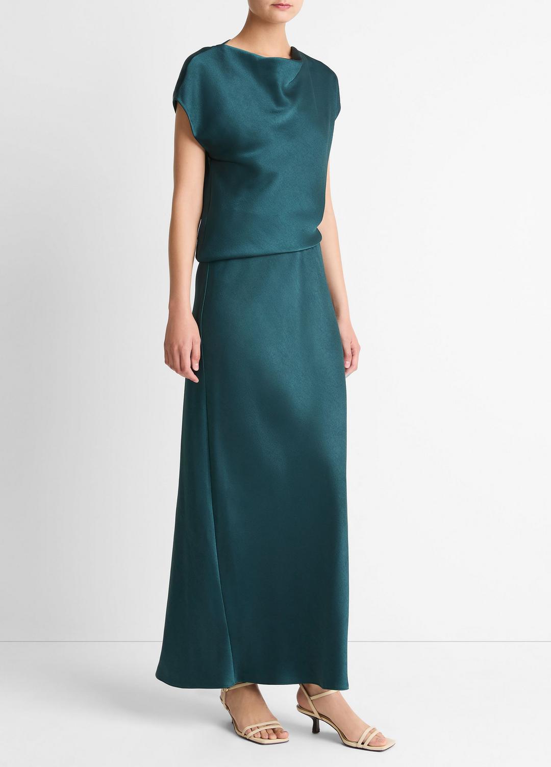 Draped Satin Cowl-Neck Dress in Dresses - JUNIPER