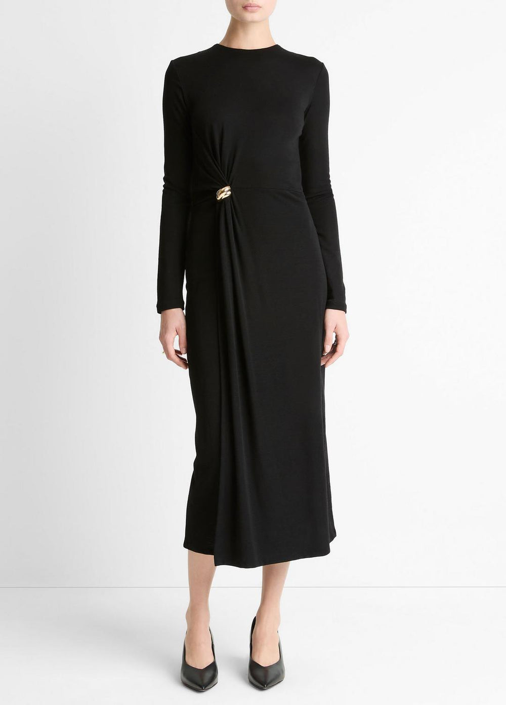 Cinched-Waist Wool-Blend Long-Sleeve Dress in Dresses - BLACK