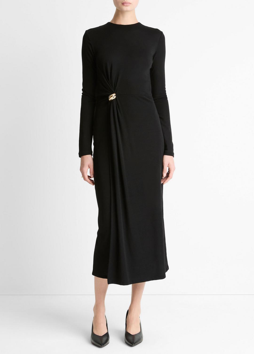 Cinched-Waist Wool-Blend Long-Sleeve Dress in Dresses - BLACK