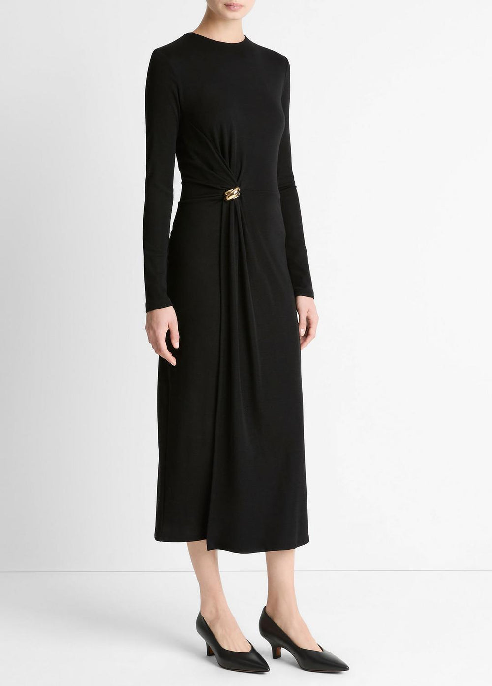 Cinched-Waist Wool-Blend Long-Sleeve Dress in Dresses - BLACK