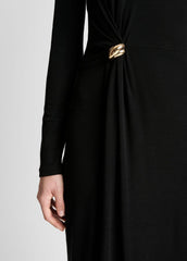 Cinched-Waist Wool-Blend Long-Sleeve Dress in Dresses - BLACK