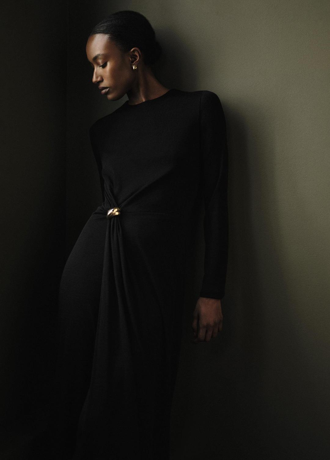 Cinched-Waist Wool-Blend Long-Sleeve Dress in Dresses - BLACK