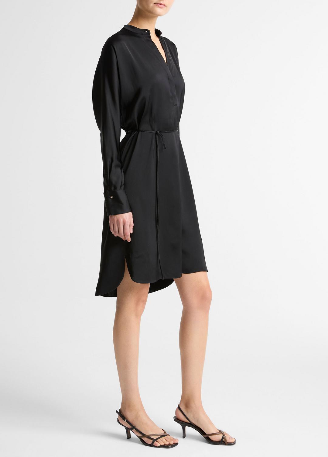 Matte Satin Band-Collar Dress in Dresses - BLACK