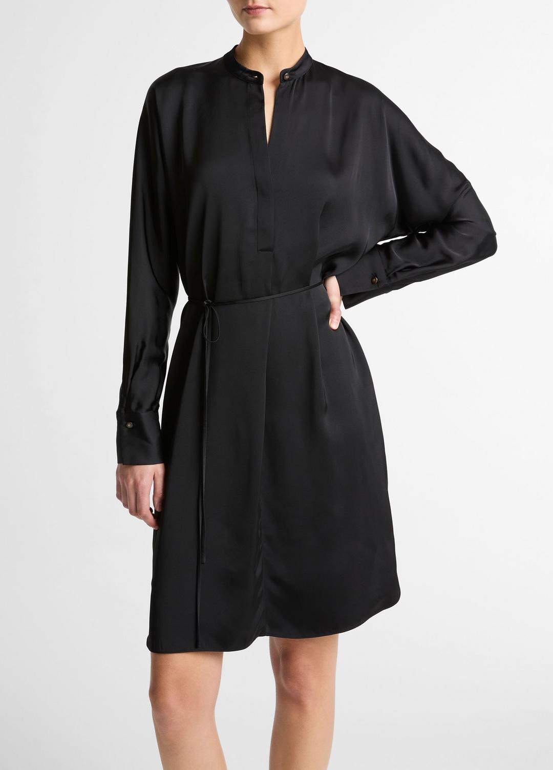 Matte Satin Band-Collar Dress in Dresses - BLACK