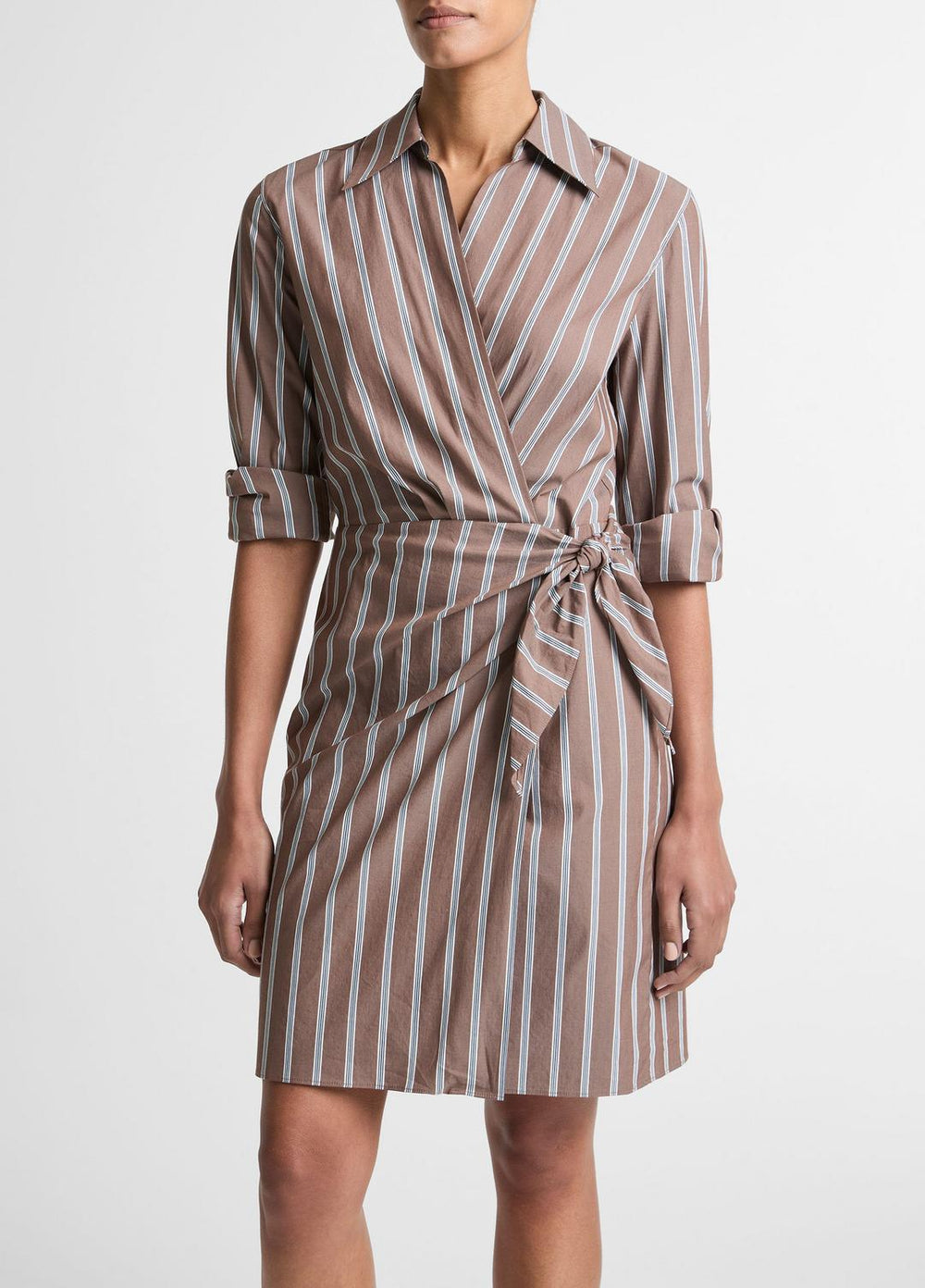 Striped Cotton-Blend Wrap Dress in Dresses - BROWN MULTI