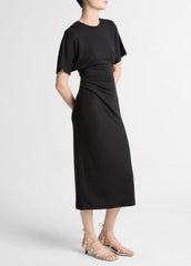 Ruched-Side Matte Jersey Short-Sleeve Dress in Dresses - BLACK
