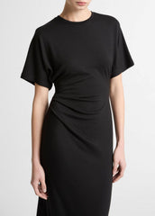Ruched-Side Matte Jersey Short-Sleeve Dress in Dresses - BLACK