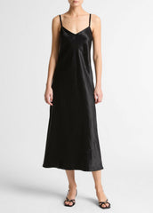 Satin V-Neck Slip Dress in Dresses - BLACK