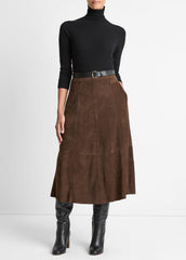 Suede Mid-Rise Flared Skirt in Skirts - DEEP ESPRESSO