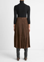 Suede Mid-Rise Flared Skirt in Skirts - DEEP ESPRESSO