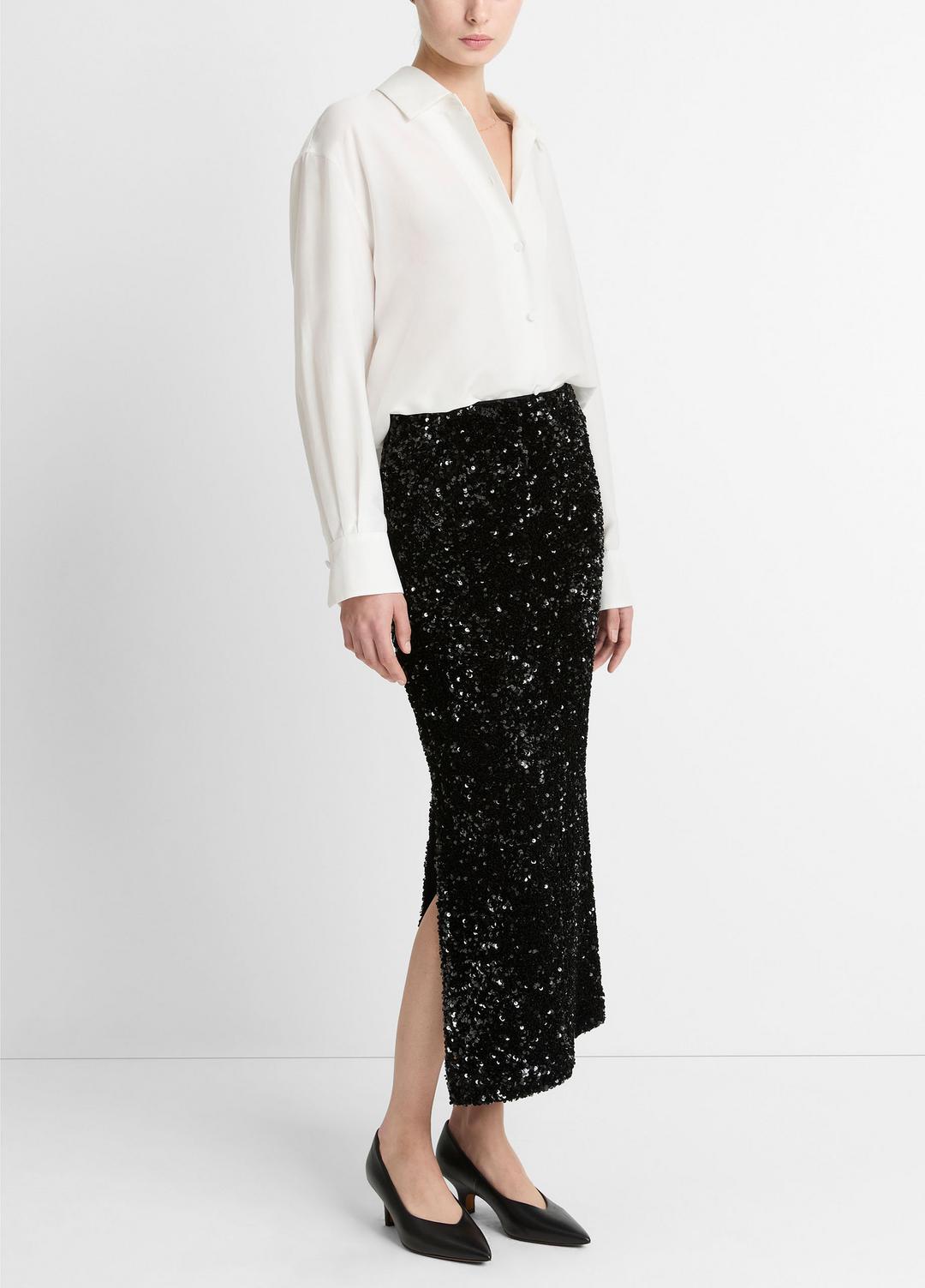 Sequined Velvet Column Skirt in Skirts - BLACK