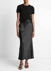 Satin Side-Slit Slip Skirt in Skirts - BLACK
