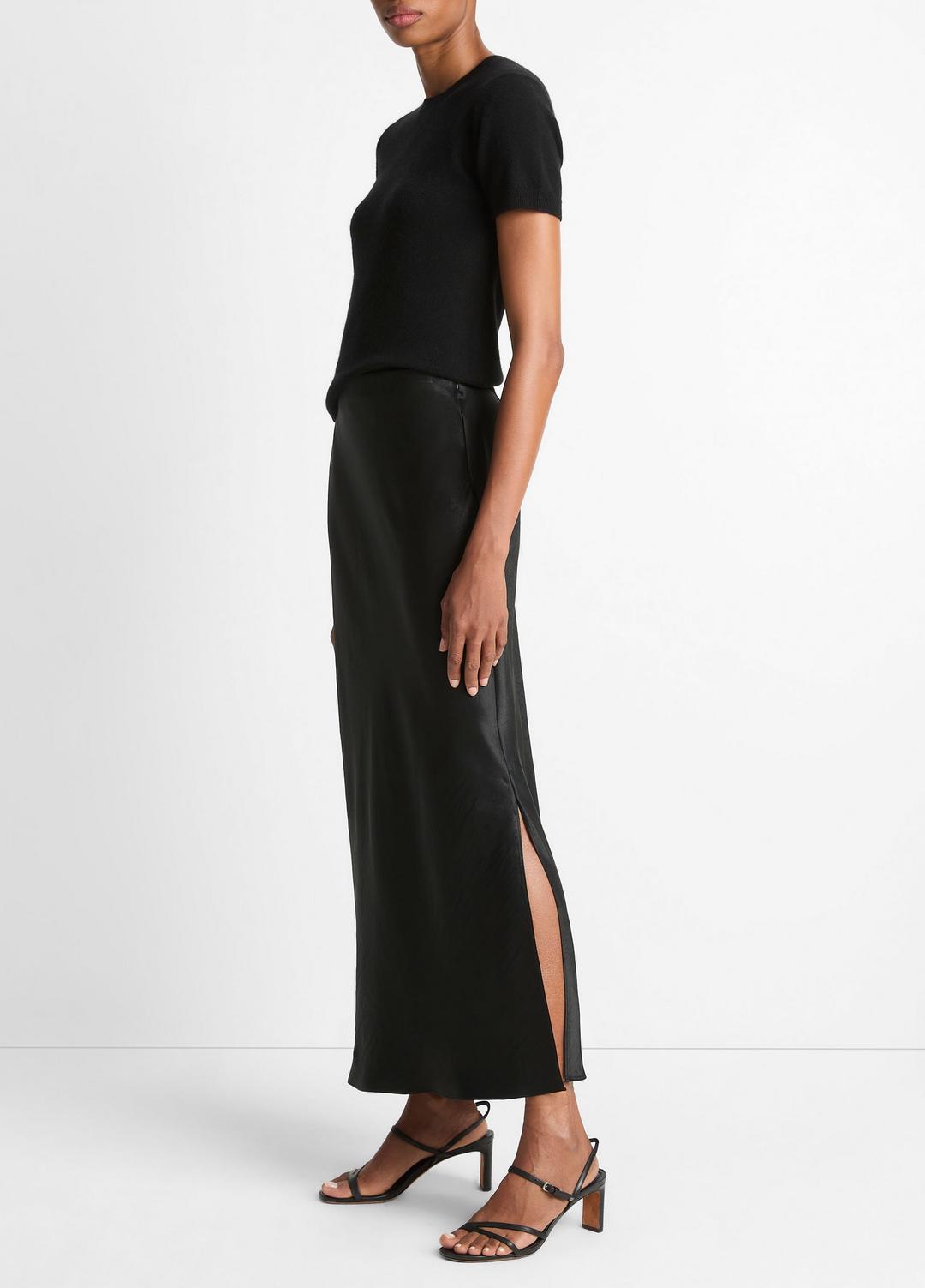Satin Side-Slit Slip Skirt in Skirts - BLACK