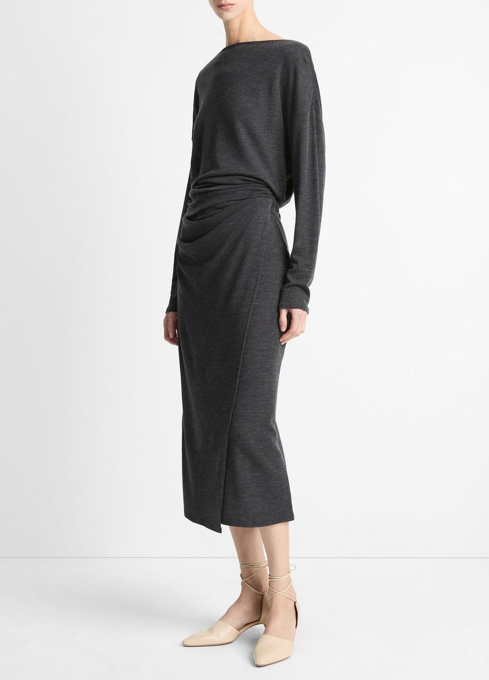 Draped-Waist Wool-Blend Midi Skirt in Skirts - DARK HEATHER GREY