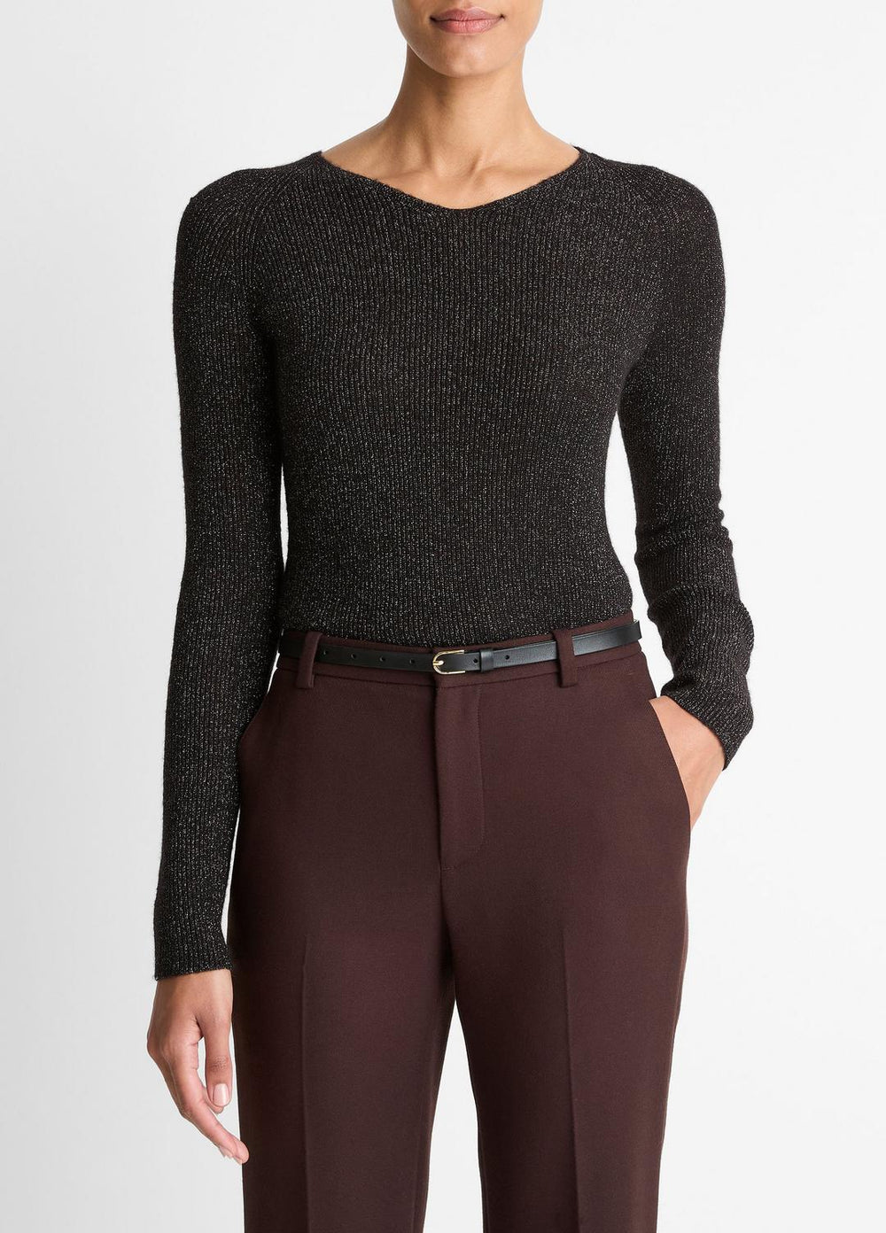 Metallic Ribbed High V-Neck Sweater in Vince Products Women - BLACK METALLIC