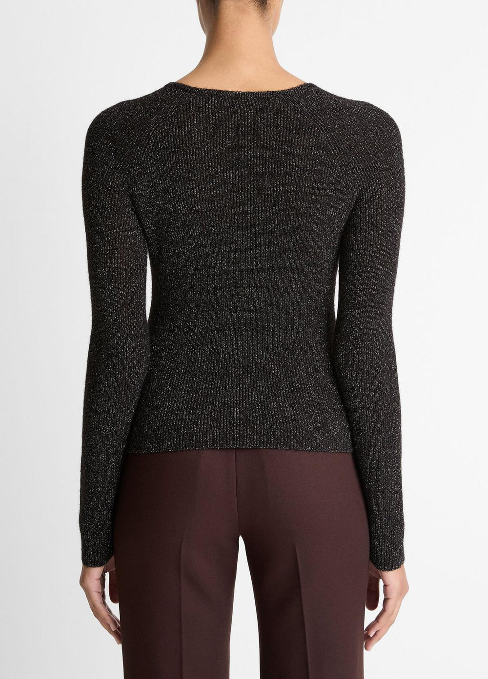 Metallic Ribbed High V-Neck Sweater in Vince Products Women - BLACK METALLIC