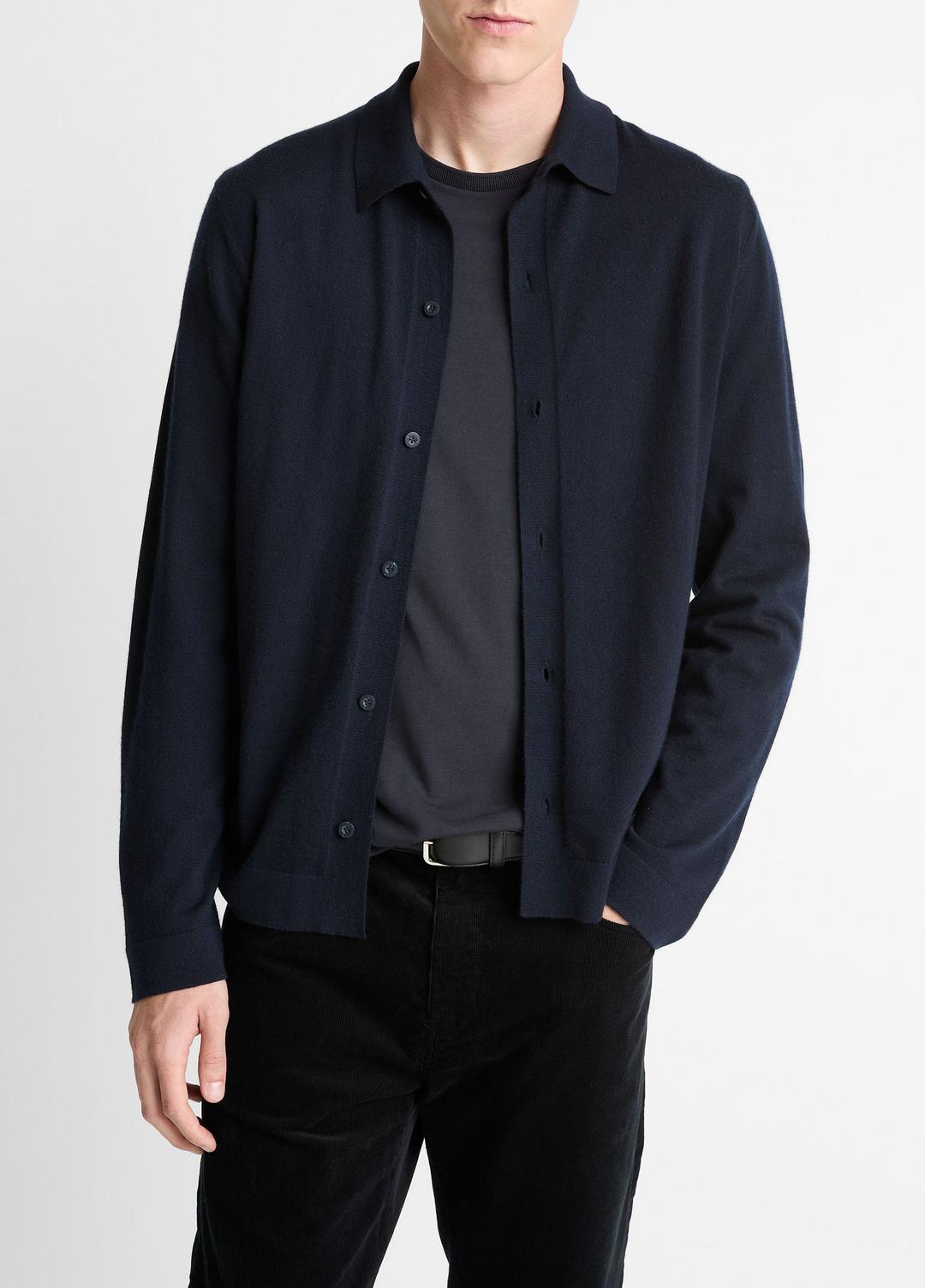 Featherweight Merino Wool-Cashmere Sweater Shirt in Long Sleeve - COASTAL BLUE