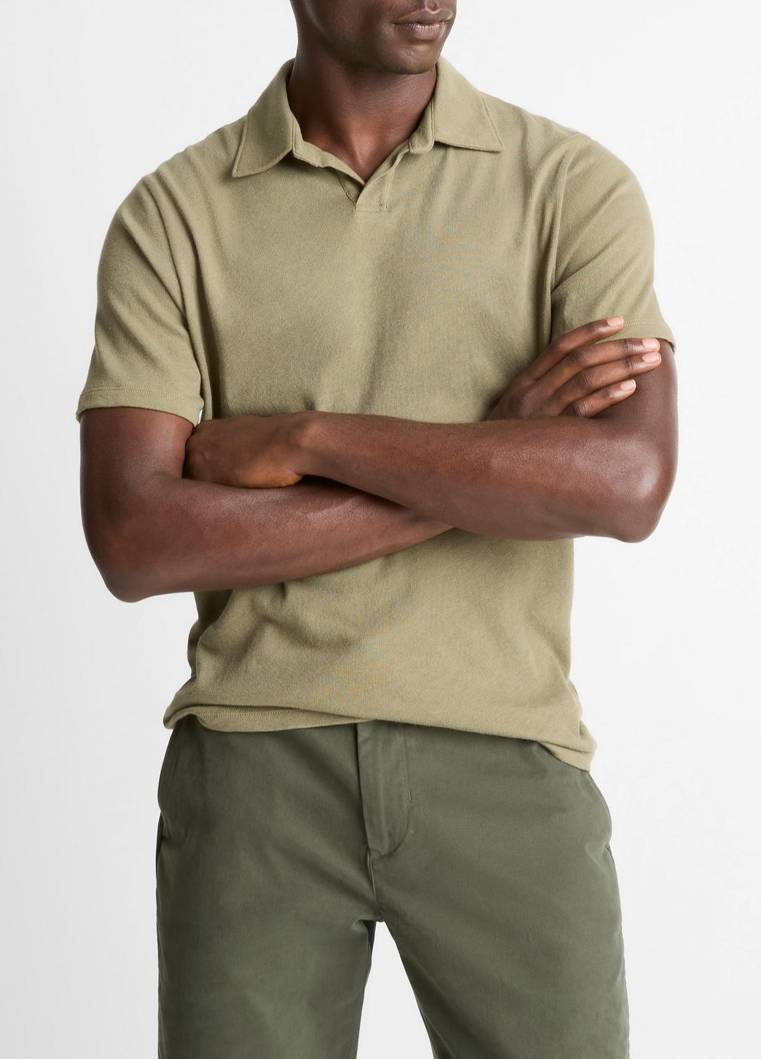 Cotton Johnny-Collar Polo Shirt in Henleys & Polos - SAGE