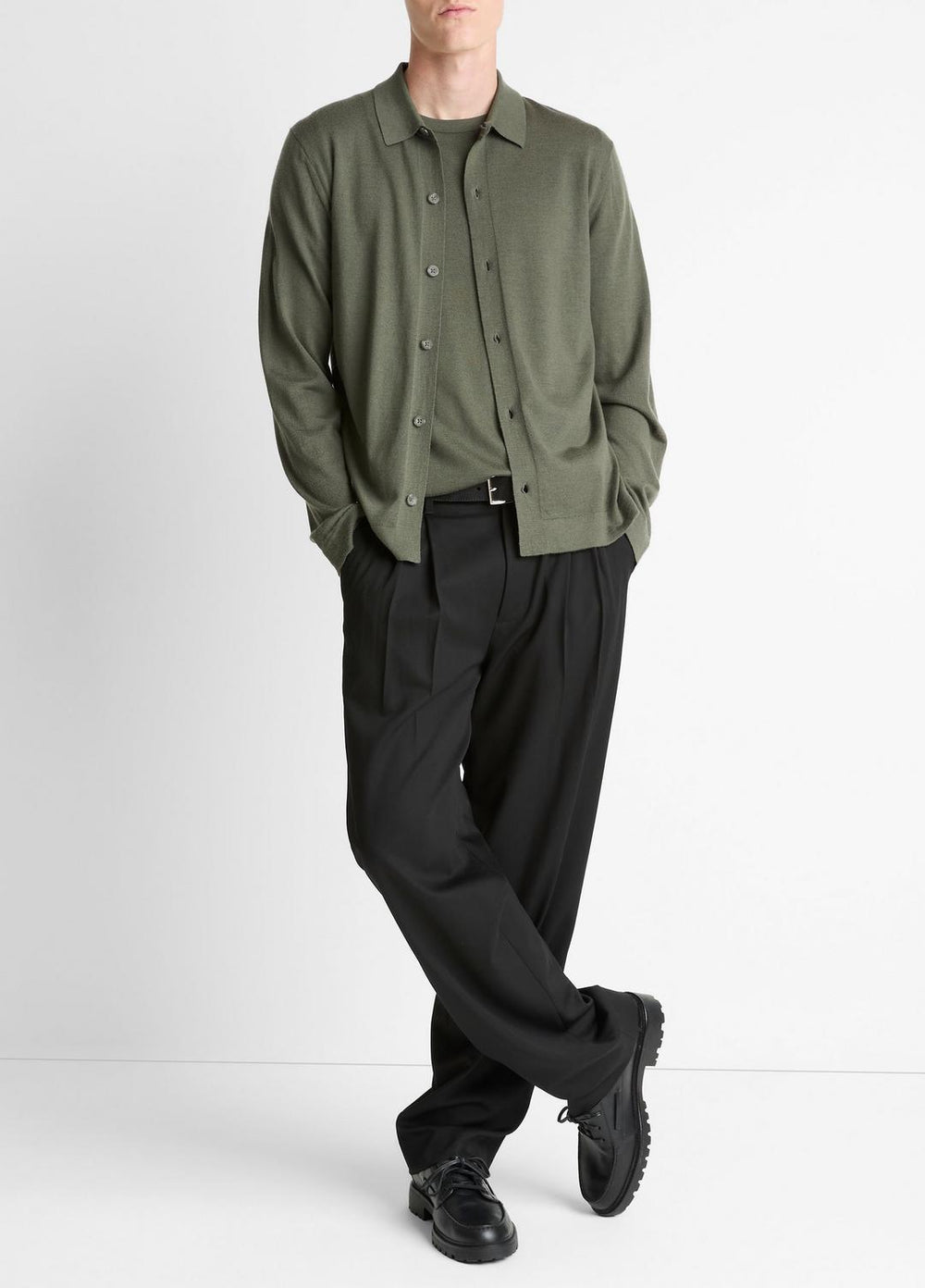 Featherweight Merino Wool-Cashmere Sweater Shirt in Long Sleeve - SYCAMORE