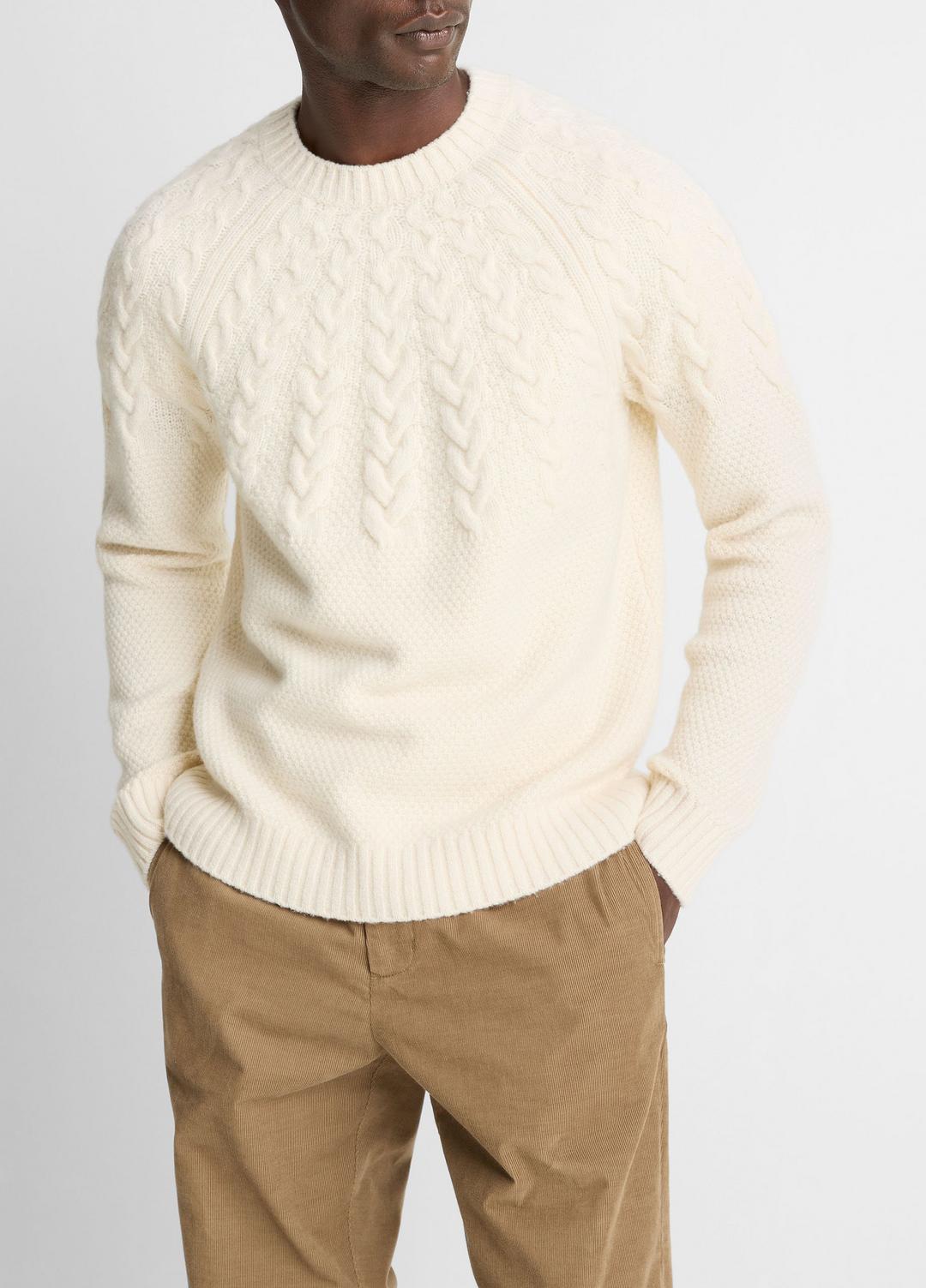 Airspun Merino Wool Cable-Yoke Sweater in Crew Neck - LIGHT DUNE