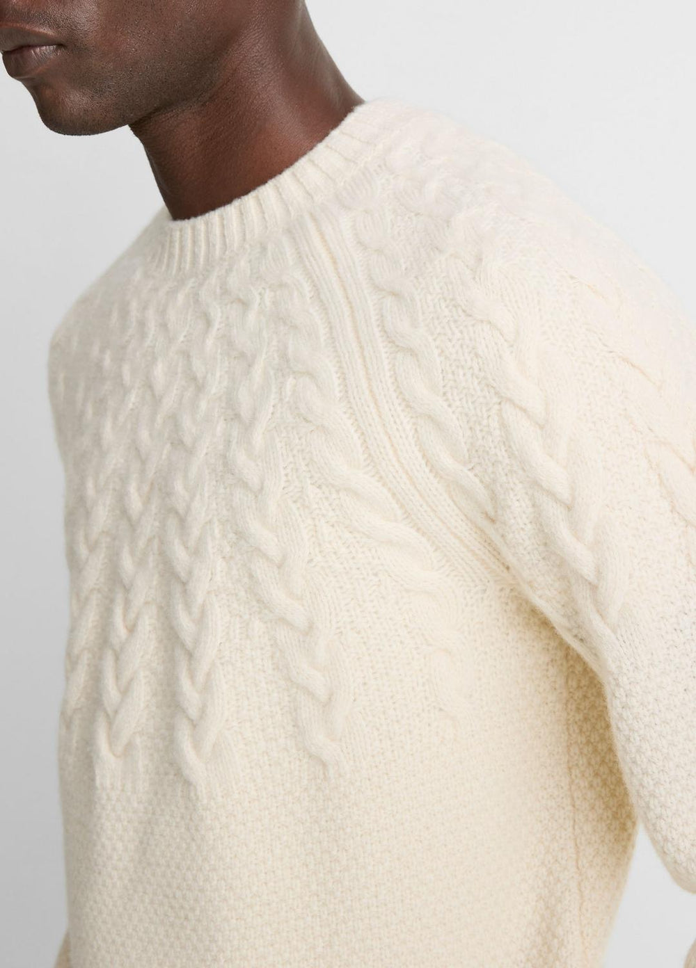 Airspun Merino Wool Cable-Yoke Sweater in Crew Neck - LIGHT DUNE