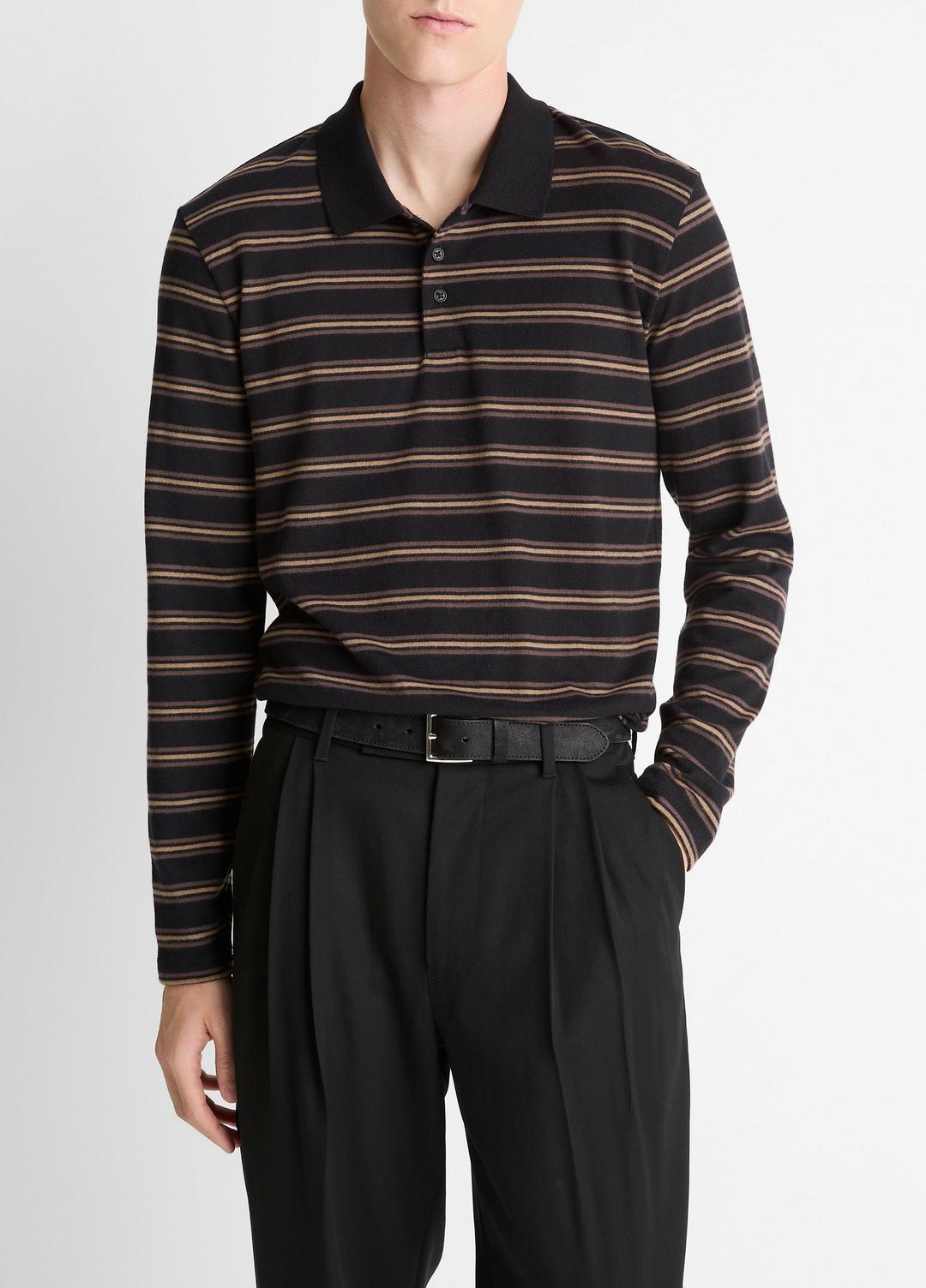 Striped Cotton-Blend Long-Sleeve Polo Shirt in Henleys & Polos - BLACK COMBO