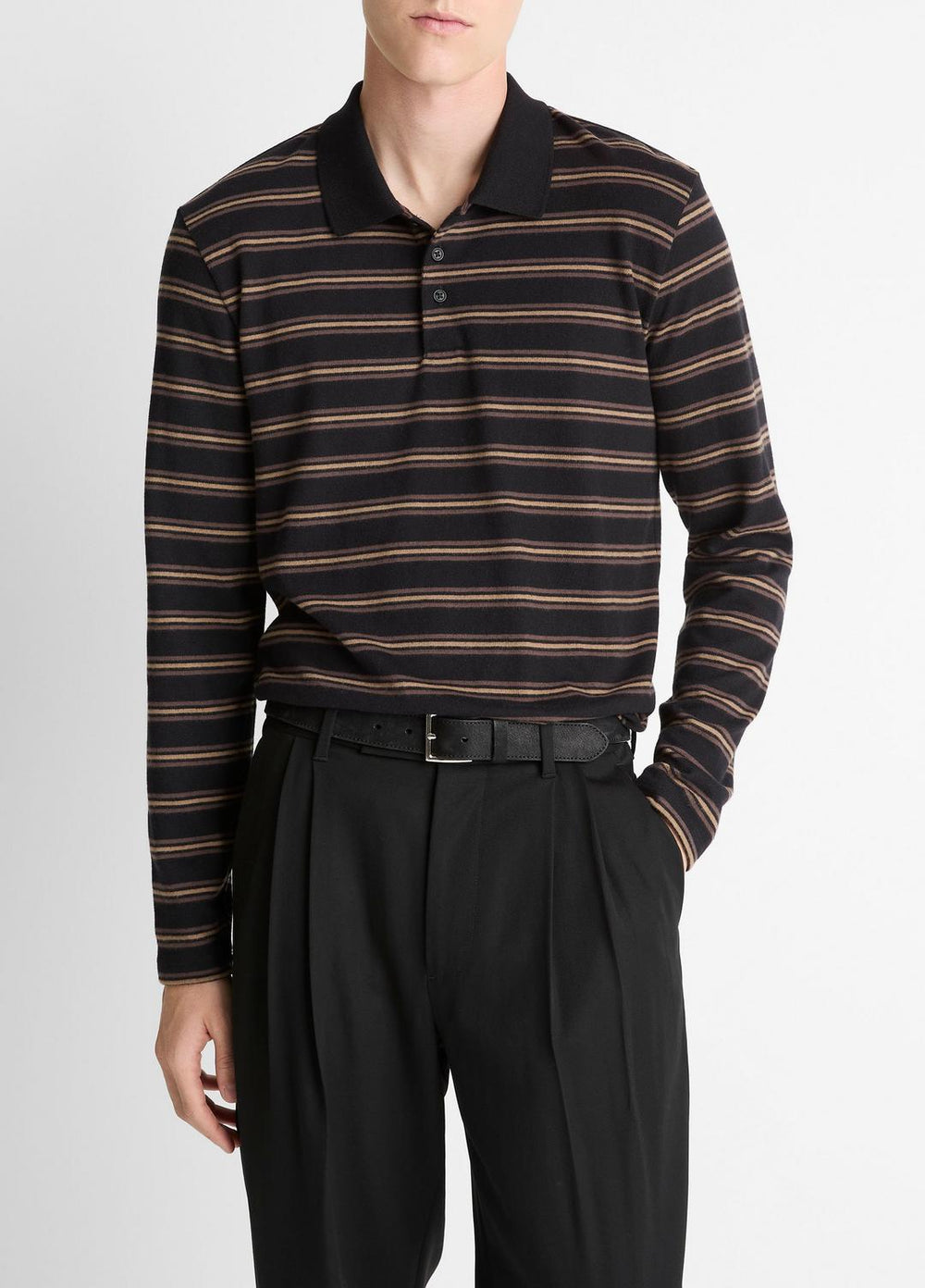 Striped Cotton-Blend Long-Sleeve Polo Shirt in Henleys & Polos - BLACK COMBO