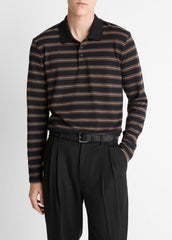 Striped Cotton-Blend Long-Sleeve Polo Shirt in Henleys & Polos - BLACK COMBO