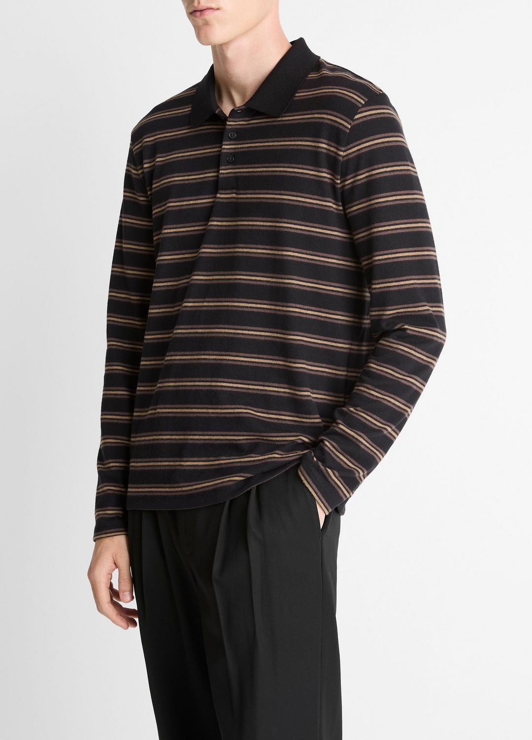 Striped Cotton-Blend Long-Sleeve Polo Shirt in Henleys & Polos - BLACK COMBO