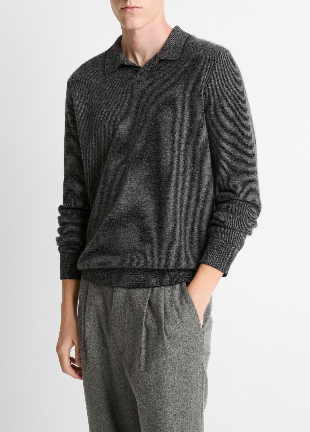 Feed Stripe Plush Cashmere Johnny-Collar Sweater in Cashmere - BLACK/MEDIUM HEATHER GREY