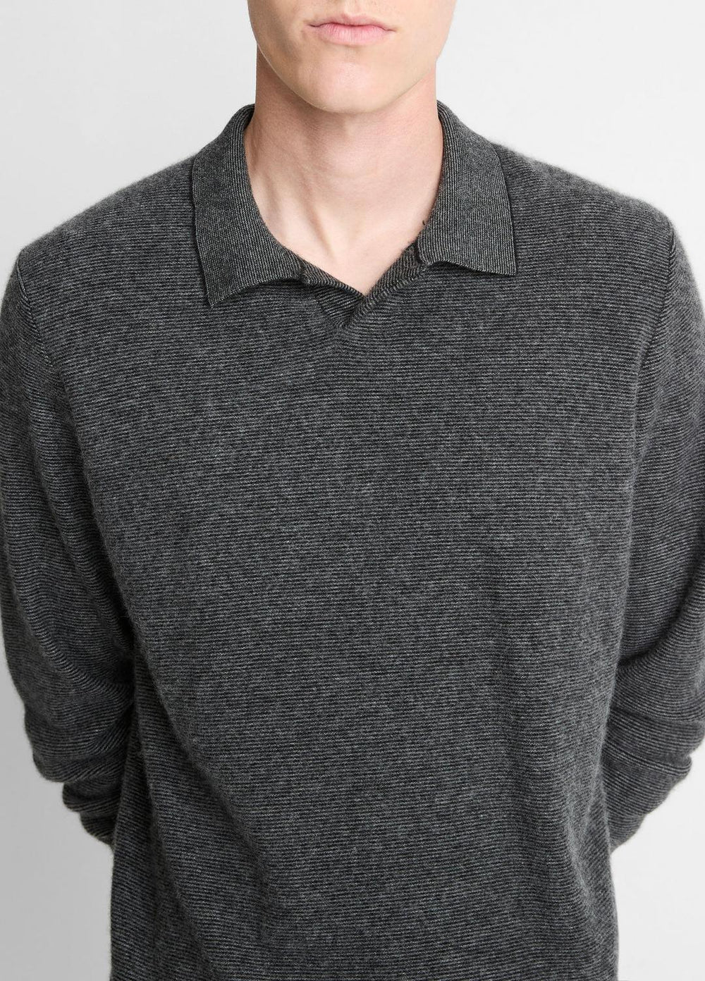 Feed Stripe Plush Cashmere Johnny-Collar Sweater in Cashmere - BLACK/MEDIUM HEATHER GREY