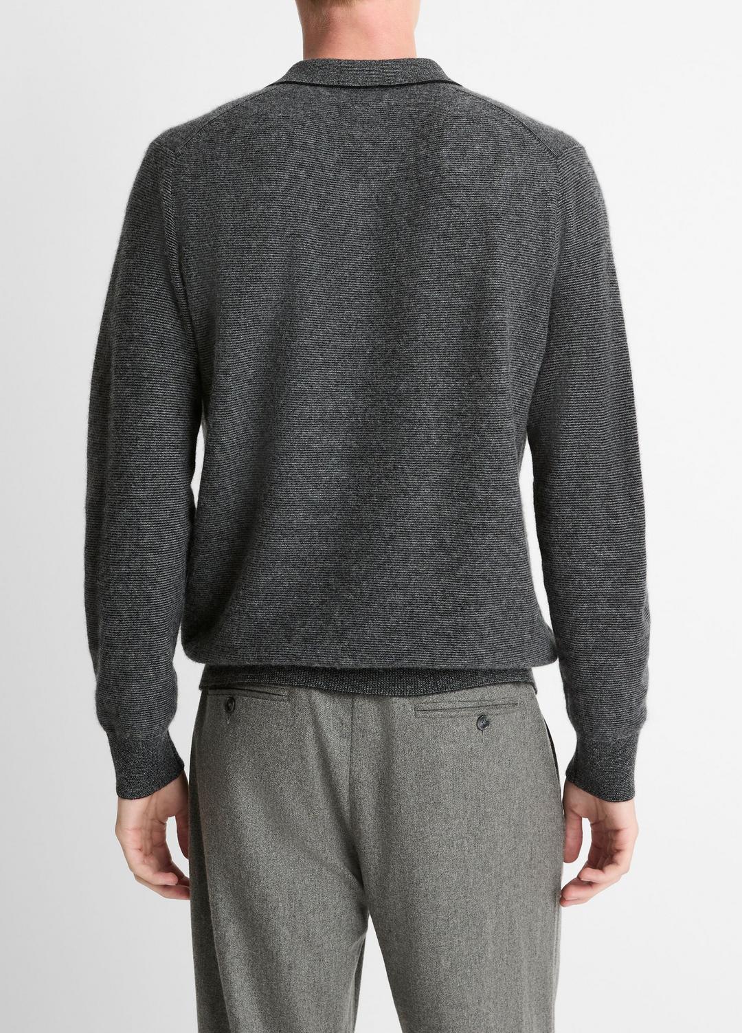Feed Stripe Plush Cashmere Johnny-Collar Sweater in Cashmere - BLACK/MEDIUM HEATHER GREY