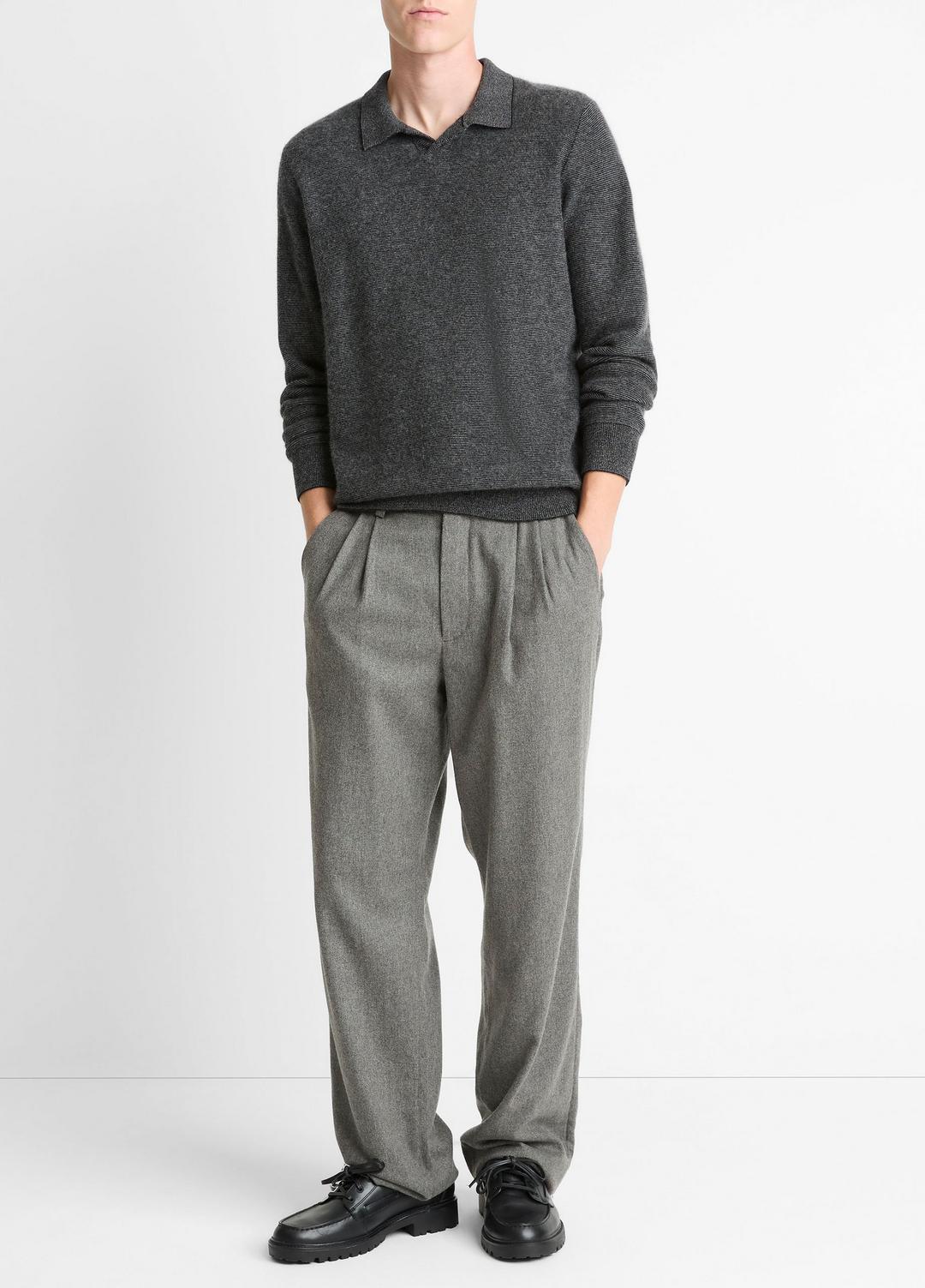 Feed Stripe Plush Cashmere Johnny-Collar Sweater in Cashmere - BLACK/MEDIUM HEATHER GREY