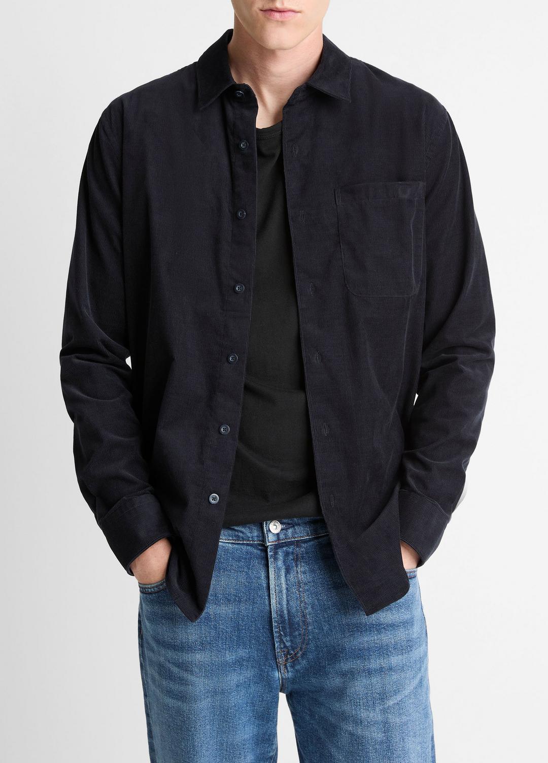 Italian Cotton Corduroy Button-Front Shirt in Long Sleeve - COASTAL BLUE