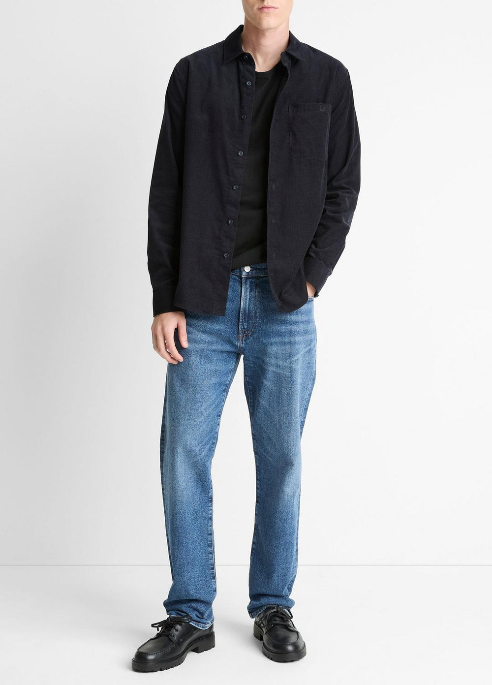 Italian Cotton Corduroy Button-Front Shirt in Long Sleeve - COASTAL BLUE