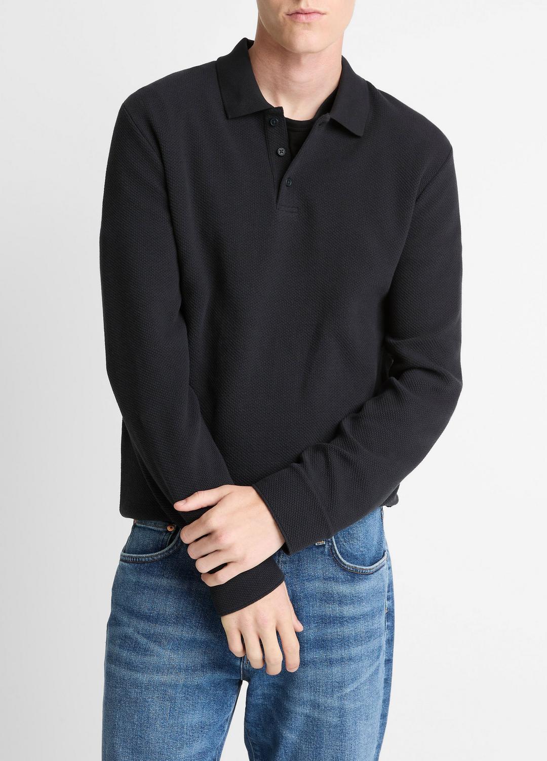 Basket-Weave Cotton Long-Sleeve Polo Shirt in Henleys & Polos - COASTAL BLUE