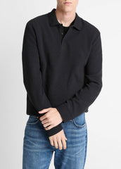 Basket-Weave Cotton Long-Sleeve Polo Shirt in Henleys & Polos - COASTAL BLUE